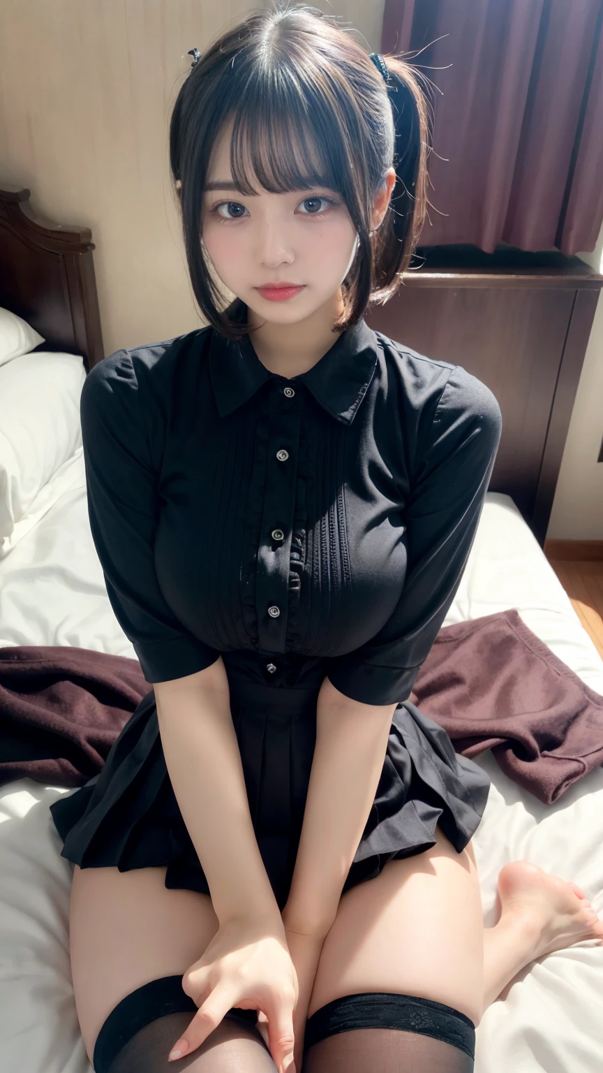 masterpiece, best quality, illustration, Super detailed, fine details, High resolution, 8K,wall paper, perfect dynamic composition,(Details High quality, realistic depiction of eyes:1.3), (collared shirt:1.1), pleated skirt, knee high socks, Lying down, large breasts, short bob hair, black hair color, Big Natural Color Lip, bold sexy pose, (perfect body shape), crying a little、Harajuku style、20 year old girl、cute type、lolita、beautiful legs, hotel room, hposing Gravure Idol, Voluptuous thighs,(woman on top, straddling, sitting)