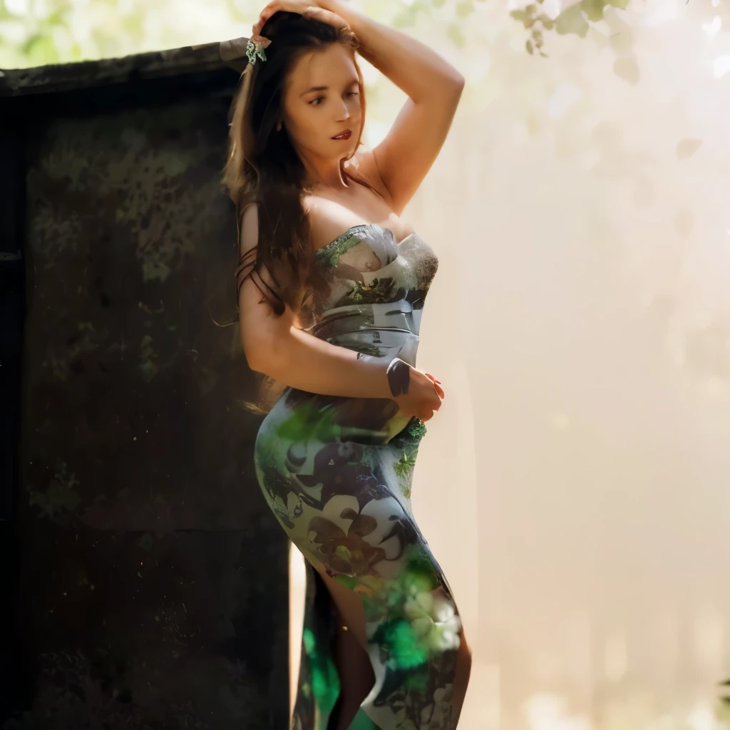 a beautiful woman with long brown hair, detailed facial features, perfect skin, wearing a white flowing dress, standing in a lush garden with flowers and trees, soft warm lighting, cinematic composition, highly detailed, photorealistic, 8k, masterpiece MOMMY RHIEN OWNER