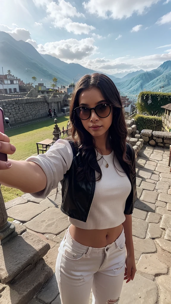 For the: black long loose curly style,
 Eyes: negro, 
Skin color: muy white,
taking a selfie at Machu Picchu Peru ,
 Age:let him see ,
 lips: small pink clothes: chaqueta white con capucha sin ponerse 
Pantalón: ripped jeans,
glasses: leather sunglasses:white
