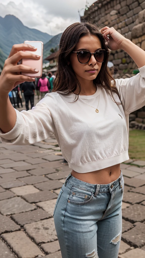 For the: black long loose curly style,
Eyes: negro,
Skin color: muy white,
taking a selfie at Machu Picchu Peru ,
Age:let him see 13,
lips: small pink clothes: chaqueta white con capucha sin ponerse
Pantalón: ripped jeans,
glasses: leather sunglasses:white