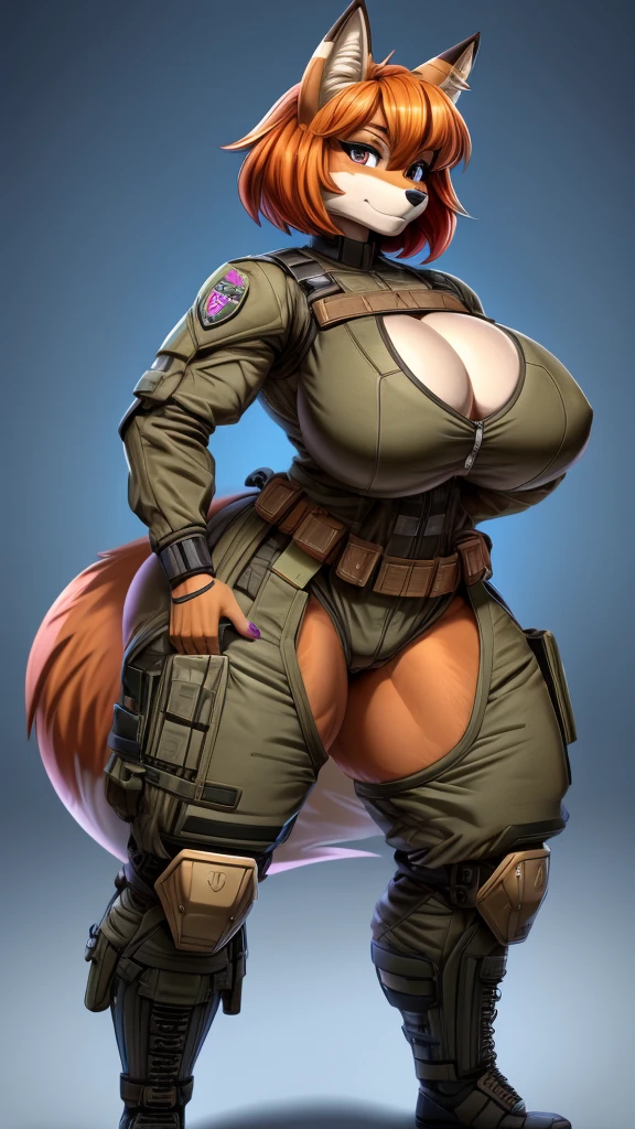 Skye from Paw Patrol, as a female fox, anthro, adult, bob cut orange hair with fringe, magenta iris, muscular, tomboy, big brbutt, thicc thighassive female, juggernaut military suit, standing, solo, beautiful, high quality, 4K, precise, clear background, manhwa style