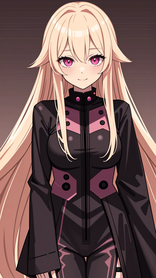 (((Adult woman))), long blonde hair, (pink eyes), (black-pink plugsuit), smile