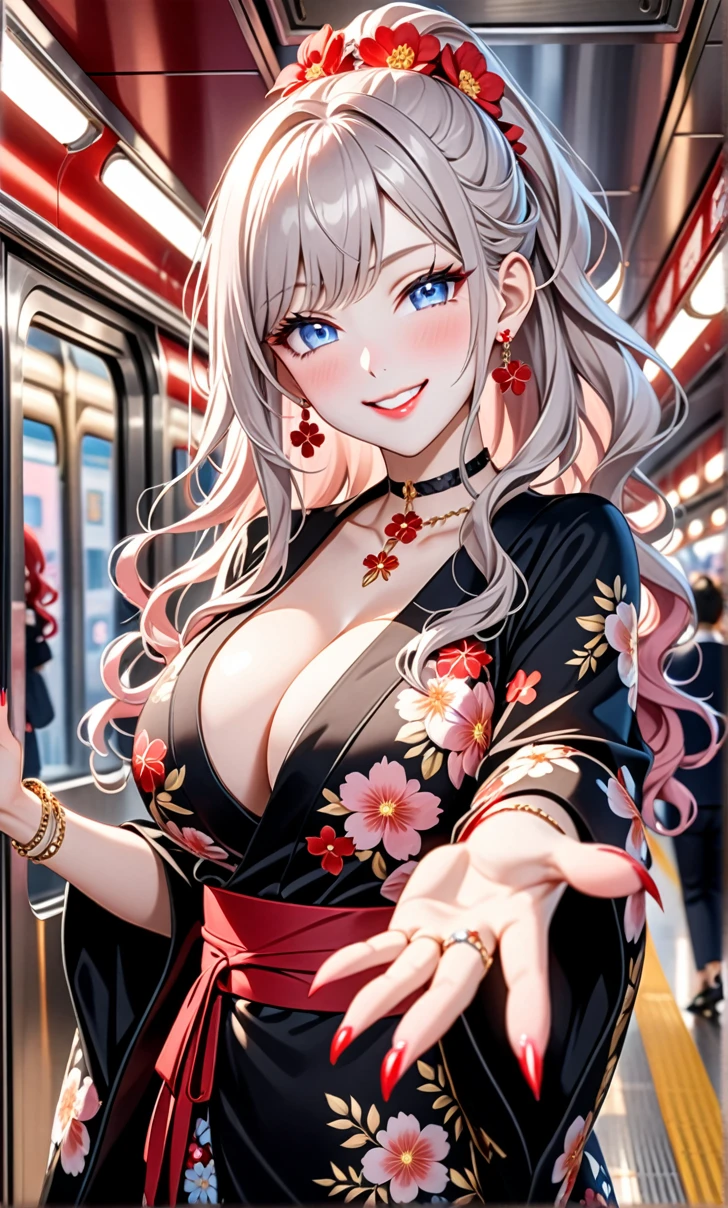 ultra-detailed, ((one girl)), (pale skin:1.4), in pastel colors gyaru, (heavy makeup), (professional lighting) hyper detailed, absurdres, 8K, Beautiful Face, (Laugh shyly), ((teasing smile:1.8)), ((Wink:1.7)), one eye closed, (Laugh with your mouth wide open),((Tilt your face:1.6)), View your viewers, ((Bright red cheeks:1.6)),Glossy Red Lips, ((Big Breasts:1.5)), ((undressing:1.2)), noon, Getting off the train , ((Anime style background)),masterpiece, Highest quality, so beautiful,Latest, Complex details, (Pink long nails), (nail art), (ring),(bracelet), (Floral Choker),AI-generated, Complex,High resolution, Highest quality, super high quality,3D Images、3D Images,One person,Pastel silver long hair,(High Ponytail), (wavy hair:1.3), Pastel anime woman posing for a photo, ((Fine grain、blue eyes、glowing eyes:1.4)), (Squint your eyes:1.1),a hyperRealistic , hyperRealistic , Realistic,Anime woman with long pastel white hair, Smooth anime CG art, A girl in a gorgeous black kimono, ((Black long-sleeved kimono)),(Pink large floral pattern), Golden embroidery, Long flower hair ornament,Floral Earrings,Mature Body, tall,Narrow waist, ((Reaching out:1.7)),