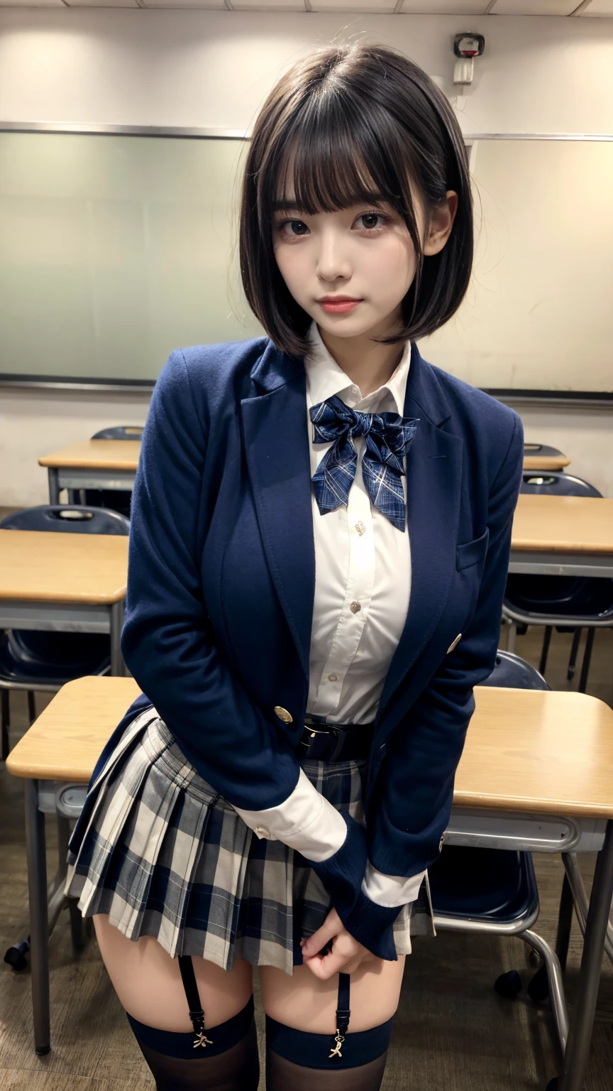 masterpiece, best quality, illustration, Super detailed, fine details, High resolution, 8K,wall paper, perfect dynamic composition,(Details High quality, realistic depiction of eyes:1.3), from side, High School Classroom、High school girl uniform、blazer 、Super Short Check Uniform Skirt、Navy blue high socks、garterbelts、Colossal tits、Disturbed uniform,  short bob hair, black hair color, huge breasts, Big Natural Color Lip, bold sexy pose, (perfect body shape), crying a little、Harajuku style、20 year old girl、 beautiful legs, hposing Gravure Idol, Voluptuous thighs