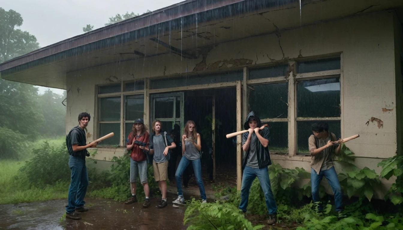 "An abandoned school, surrounded by dense vegetation and under a stormy sky. A group of friends stand around a broken window, while heavy rain falls in the background. One of them, with a baseball bat in his hand, moves away shards of glass to allow entry. The darkness inside the school is only broken by the dim light of cell phone flashlights."