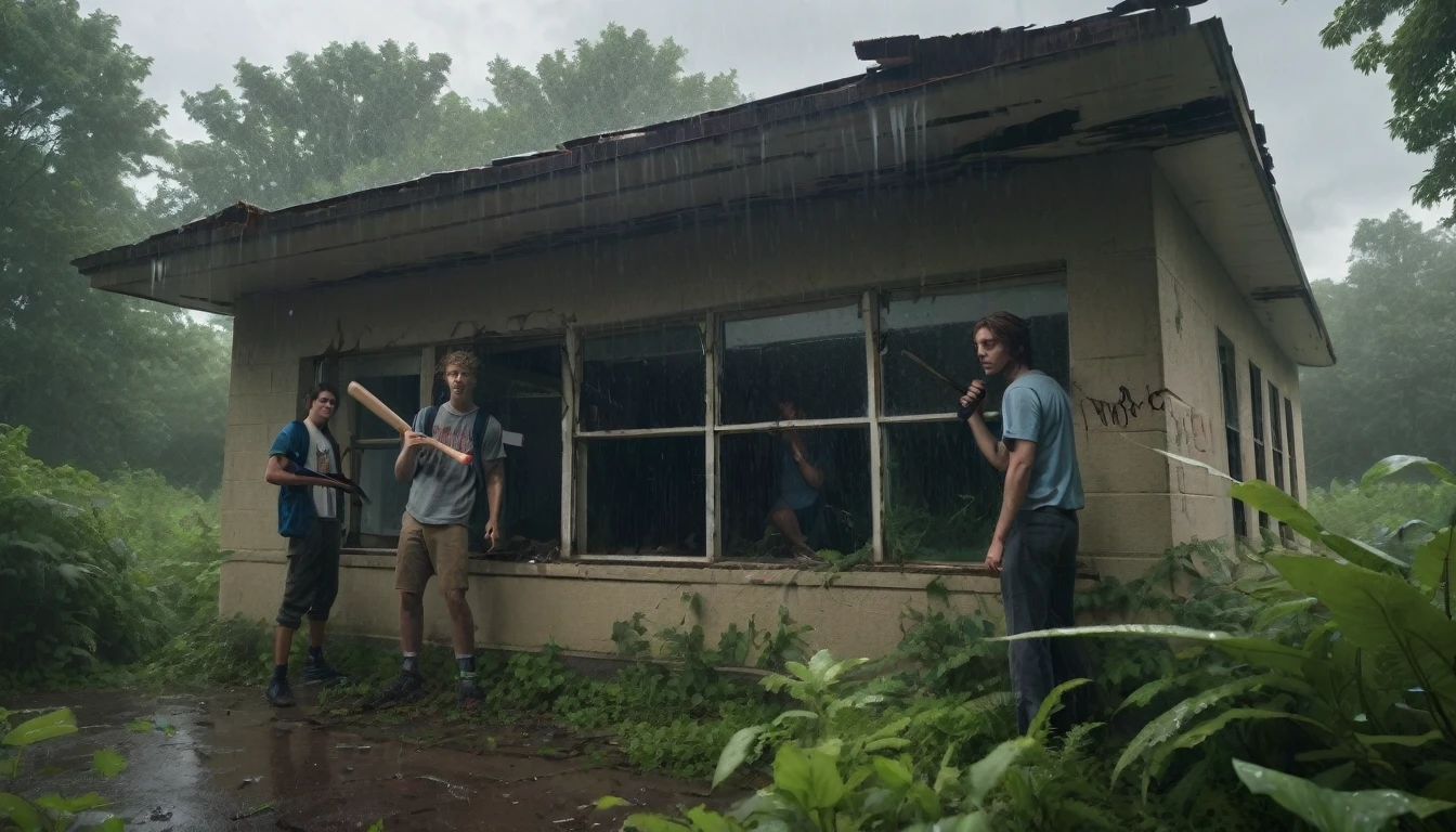 "An abandoned school, surrounded by dense vegetation and under a stormy sky. A group of friends stand around a broken window, while heavy rain falls in the background. One of them, with a baseball bat in his hand, moves away shards of glass to allow entry. The darkness inside the school is only broken by the dim light of cell phone flashlights."