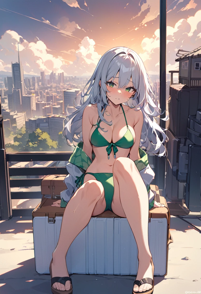 masterpiece, Highest quality,Meteorolite clouds, Swimwear, One girl, whole body, Long-distance shots, bikini, null, Side ties_bikini, justfoot, chest, 一人in, green_null, Looking_in_Audience, cloudy_null, green_bikini, Sitting, length_hair, belly button, Day, Front Tie_superior, building, Front Tie_bikini, off_shoulder, just_shoulders, Spread your legs wide、chestがびきにからはみ出る、Embarrassed、