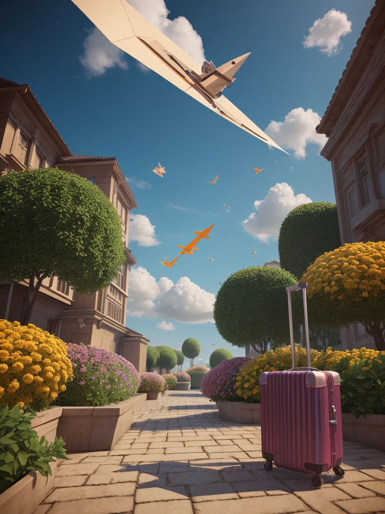 There is a suitcase with a straw hat on top, clouds, atmosphere, leaves, chrysanthemums floating in the air, paper airplanes, (miniature: 1.2), 2.5d illustration, 3d rendering, 3d modeling, bubble matt, trend in behans 3d art, trend in behans 3d art, 3d illustration, 3d illustration, 3d illustration, commercial illustration, cinema 4d color rendering, 3d rendering stylization, stylized digital illustration, 3d stylized scene, stylized 3d rendering