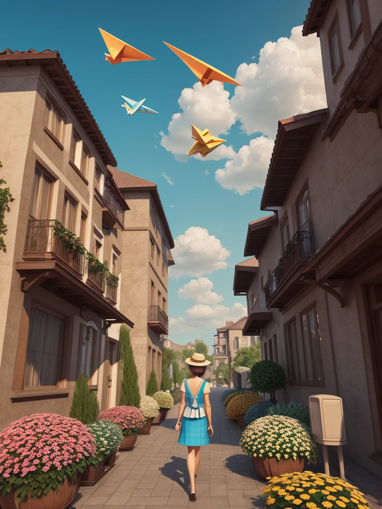 There is a suitcase with a straw hat on top, clouds, atmosphere, leaves, chrysanthemums floating in the air, paper airplanes, (miniature: 1.2), 2.5d illustration, 3d rendering, 3d modeling, bubble matt, trend in behans 3d art, trend in behans 3d art, 3d illustration, 3d illustration, 3d illustration, commercial illustration, cinema 4d color rendering, 3d rendering stylization, stylized digital illustration, 3d stylized scene, stylized 3d rendering