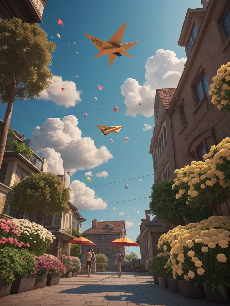 There is a suitcase with a straw hat on top, clouds, atmosphere, leaves, chrysanthemums floating in the air, paper airplanes, (miniature: 1.2), 2.5d illustration, 3d rendering, 3d modeling, bubble matt, trend in behans 3d art, trend in behans 3d art, 3d illustration, 3d illustration, 3d illustration, commercial illustration, cinema 4d color rendering, 3d rendering stylization, stylized digital illustration, 3d stylized scene, stylized 3d rendering