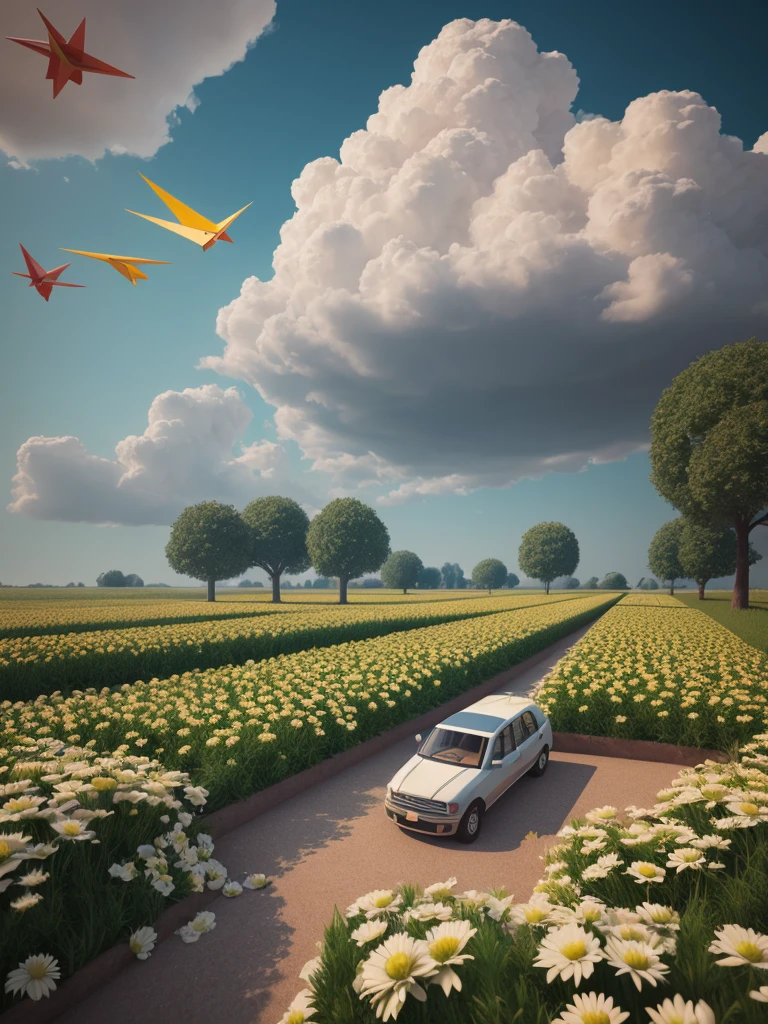 There is a suitcase with a straw hat on top, clouds, atmosphere, leaves, chrysanthemums floating in the air, paper airplanes, (miniature: 1.2), 2.5d illustration, 3d rendering, 3d modeling, bubble matt, trend in behans 3d art, trend in behans 3d art, 3d illustration, 3d illustration, 3d illustration, commercial illustration, cinema 4d color rendering, 3d rendering stylization, stylized digital illustration, 3d stylized scene, stylized 3d rendering
