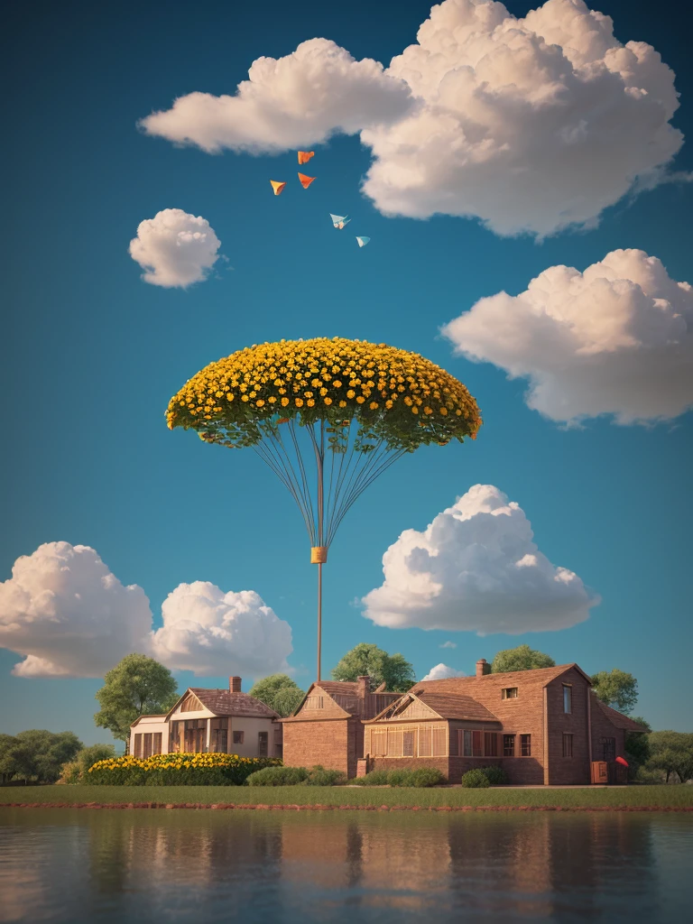 There is a suitcase with a straw hat on top, clouds, atmosphere, leaves, chrysanthemums floating in the air, paper airplanes, (miniature: 1.2), 2.5d illustration, 3d rendering, 3d modeling, bubble matt, trend in behans 3d art, trend in behans 3d art, 3d illustration, 3d illustration, 3d illustration, commercial illustration, cinema 4d color rendering, 3d rendering stylization, stylized digital illustration, 3d stylized scene, stylized 3d rendering