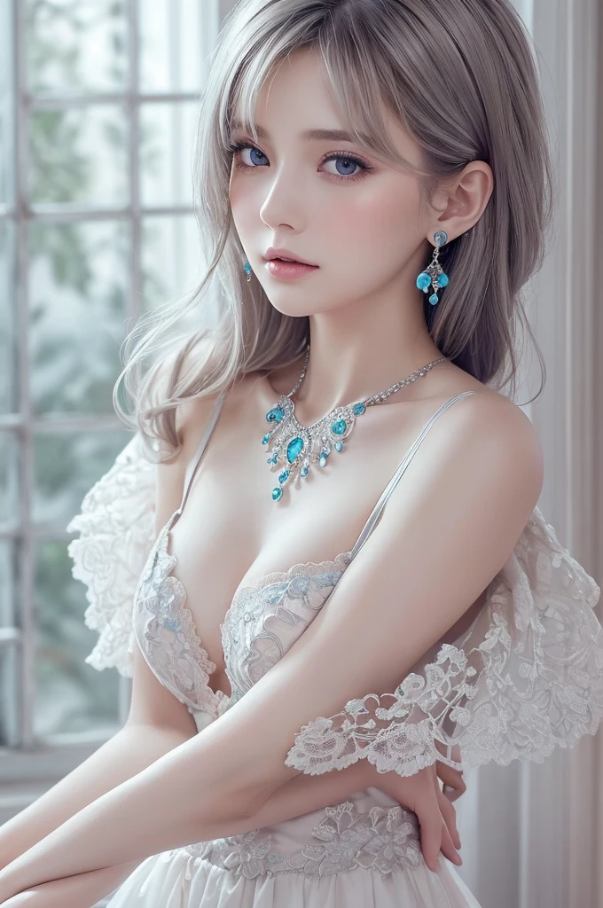 Blue lace thong&good, (((Very elegant and beautiful, Perfect detail, Very detailed))), whole body, The most detailed girl, Written boundary depth, 美しく詳細なwhole body, Thin legs, 1 Girl, 30 years old, Very short hair, Spiked Hair, Gray and silver hair, Beautiful detailed hair, Perfect Face, Expressionless, Beautiful, detailed, deep eyes, Please open your mouth a little, Delicate arms and hands, Pale skin, Earrings, Beautiful and gorgeous necklace, Colorful background, HD background, Blurred Background, Very delicate and beautiful, masterpiece, (((Highest quality, Very beautiful 8K CG wallpaper))), (((Trendy hairstyles))), (Inside the room,Stylish interior,window),