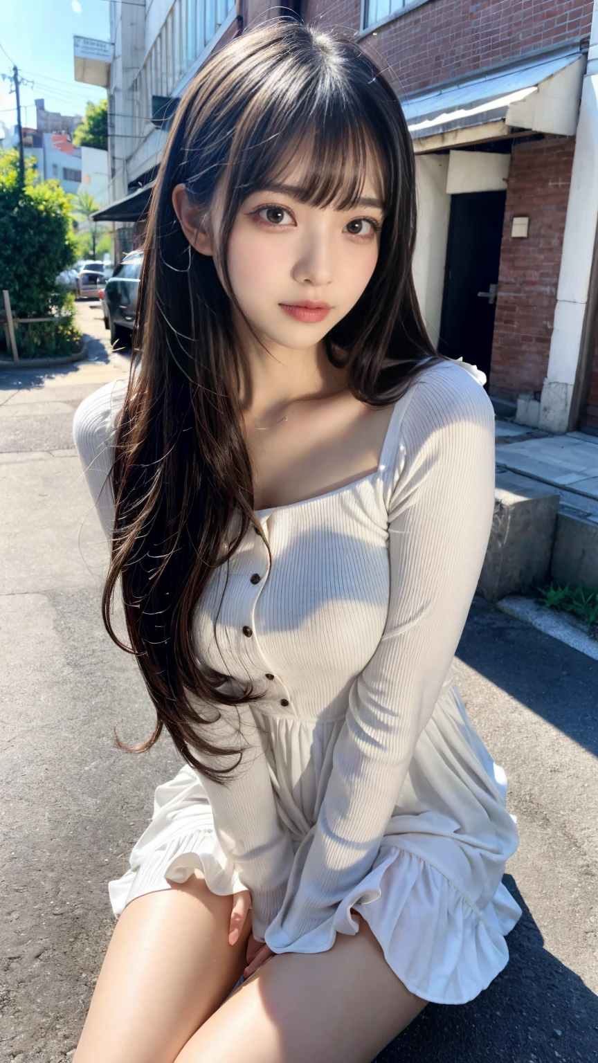 masterpiece, Best Quality, Illustration, Ultra-detailed, finely detail, hight resolution, 8K Wallpaper, Perfect dynamic composition, Beautiful detailed eyes, Tight Mini,Medium Hair,,Natural Color Lip, Randomly sexy poses,Harajuku、20 years girl、Cute、Sexy shot looking at camera,Cute long-sleeved dress,Slender face,Slender body,Background blur