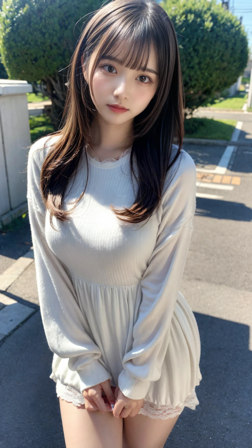 masterpiece, Best Quality, Illustration, Ultra-detailed, finely detail, hight resolution, 8K Wallpaper, Perfect dynamic composition, Beautiful detailed eyes, Tight Mini,Medium Hair,,Natural Color Lip, Randomly sexy poses,Harajuku、20 years girl、Cute、Sexy shot looking at camera,Cute long-sleeved dress,Slender face,Slender body,Background blur