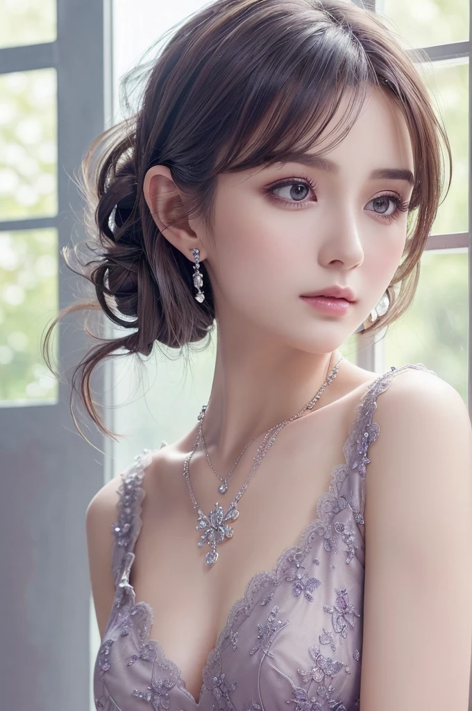 Dark Purple Lace Good, (((Very elegant and beautiful, Perfect detail, Very detailed))), whole body, The most detailed girl, Written boundary depth, 美しく詳細なwhole body, Thin legs, 1 Girl, 30 years old, Very short hair, Spiked Hair, Gray and silver hair, Beautiful detailed hair, Perfect Face, Expressionless, Beautiful, detailed, deep eyes, Please open your mouth a little, Delicate arms and hands, Pale skin, Earrings, Beautiful and gorgeous necklace, Colorful background, HD background, Blurred Background, Very delicate and beautiful, masterpiece, (((Highest quality, Very beautiful 8K CG wallpaper))), (((Trendy hairstyles))), (Inside the room,Stylish interior,window),