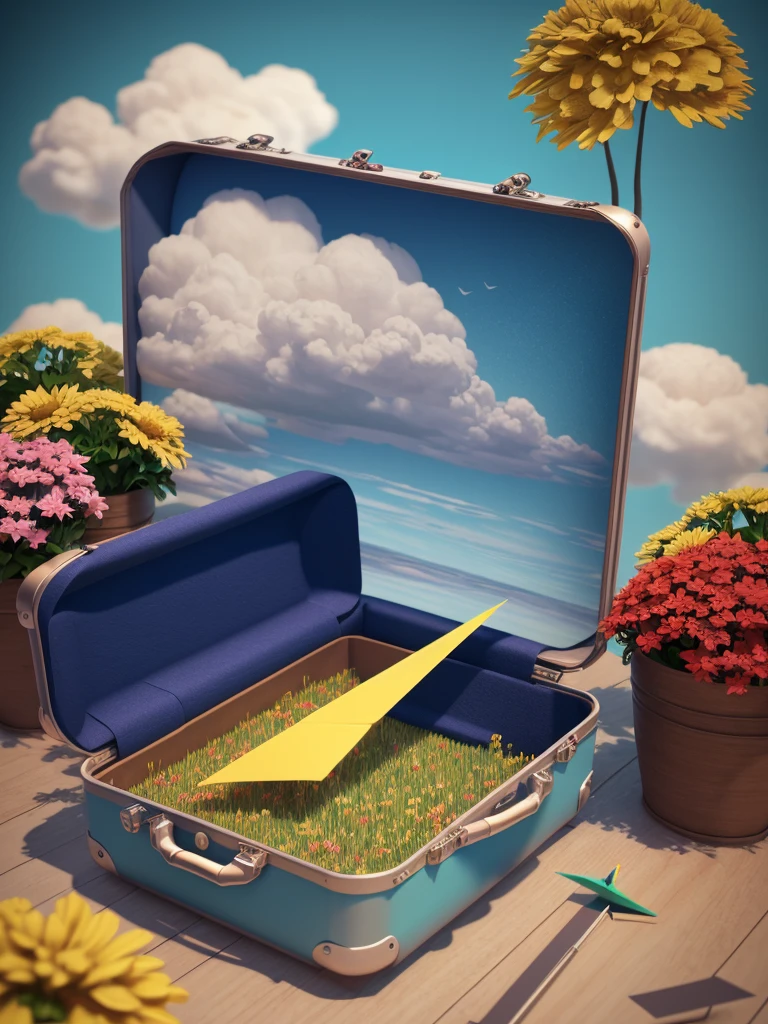 There is a suitcase with a straw hat on top, clouds, atmosphere, leaves, chrysanthemums floating in the air, paper airplanes, (miniature: 1.2), 2.5d illustration, 3d rendering, 3d modeling, bubble matt, trend in behans 3d art, trend in behans 3d art, 3d illustration, 3d illustration, 3d illustration, commercial illustration, cinema 4d color rendering, 3d rendering stylization, stylized digital illustration, 3d stylized scene, stylized 3d rendering