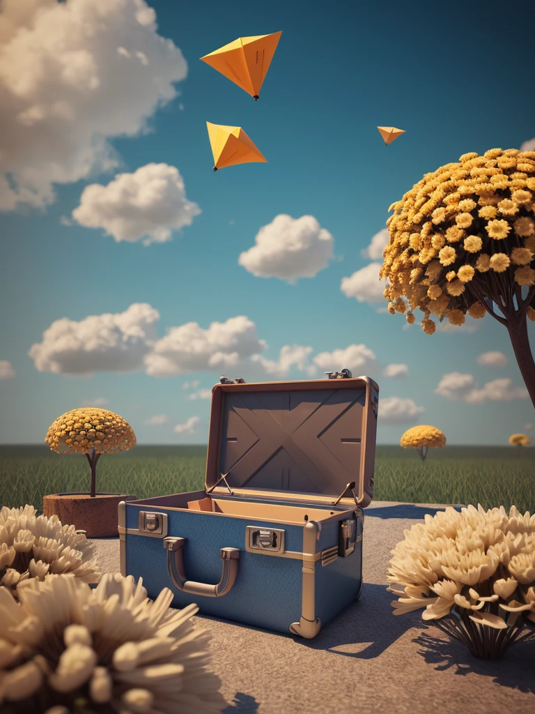 There is a suitcase with a straw hat on top, clouds, atmosphere, leaves, chrysanthemums floating in the air, paper airplanes, (miniature: 1.2), 2.5d illustration, 3d rendering, 3d modeling, bubble matt, trend in behans 3d art, trend in behans 3d art, 3d illustration, 3d illustration, 3d illustration, commercial illustration, cinema 4d color rendering, 3d rendering stylization, stylized digital illustration, 3d stylized scene, stylized 3d rendering