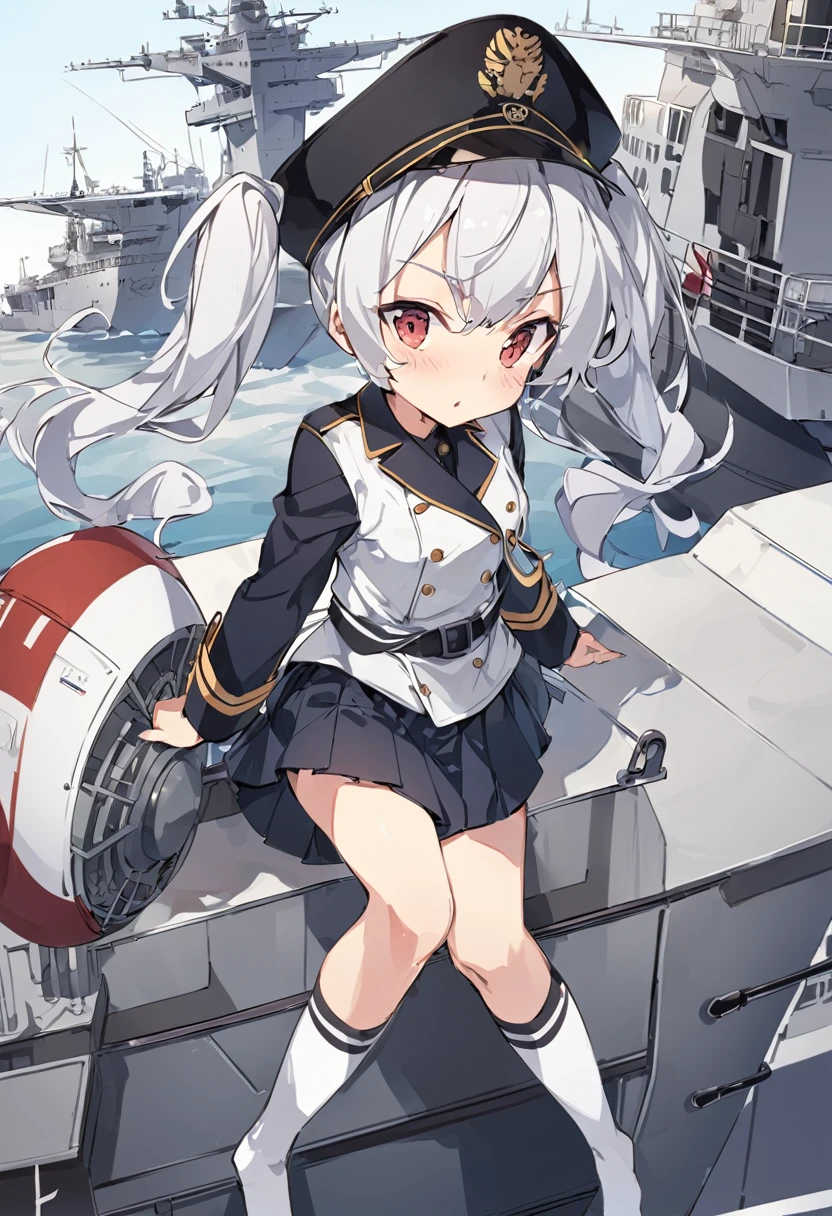 Light Cruiser Kashima,Training Cruiser Kashima,Shipgirl,Fleet Collection,Kantai Collection,Cosplay,Twin tails,uniform,Fleet Collection -Kantai Collection- 鹿島,Pleated skirt,Knee-high socks,Silver Hair,Black Hat,Outfitting