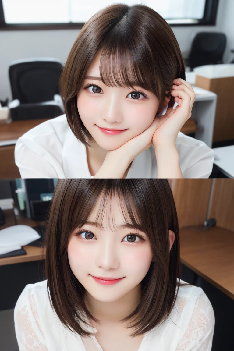japanese、Highest quality, (beautiful)、Very delicate eyes、Brown eyes、22-year-old female、summer、office、Date、short hair、smile、cheeks are slightly plump、(((whole body)))、As if looking up from below、Various poses、Various hairstyles、Highly detailed face、Perfect lighting、 (Perfect hands、Perfect Anatomy)、