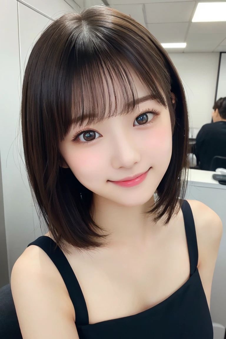 japanese、Highest quality, (beautiful)、Very delicate eyes、Brown eyes、22-year-old female、summer、office、Date、short hair、smile、cheeks are slightly plump、(((whole body)))、As if looking up from below、Various poses、Various hairstyles、Highly detailed face、Perfect lighting、 (Perfect hands、Perfect Anatomy)、