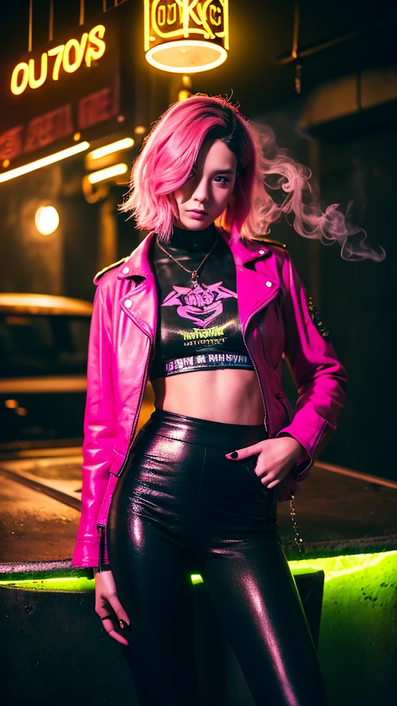 girl 21 years old, short shoulder-length hair, pink hair color, wearing only a black leather jacket, black leggings, posing like a model, the surroundings are a dark pub, a cyberpunk 2077 style pub, a lot of neon lights, artificial smoke, poor lighting, professional photo session, normal hands, 5 fingers, pink nails