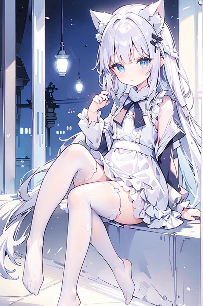 White hair, long, light blue eyes, cat ears, maid outfit, sitting