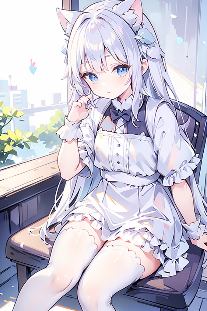 White hair, long, light blue eyes, cat ears, maid outfit, sitting