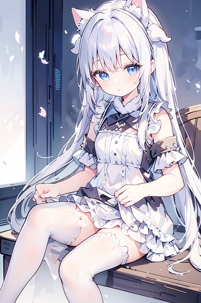 White hair, long, light blue eyes, cat ears, maid outfit, sitting