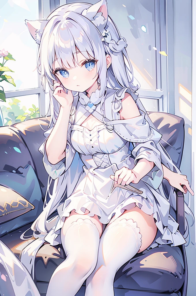 White hair, long, light blue eyes, cat ears, maid outfit, sitting