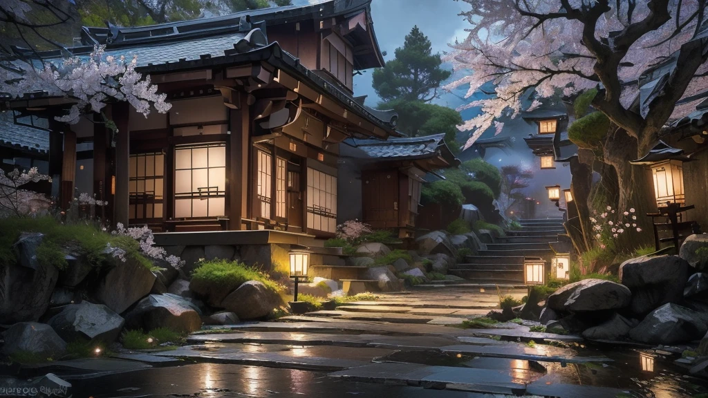 Quiet streets of Kyoto, traditional Japanese tile-roofed one-story house, winding stone path, cherry blossom trees in bloom, (Best Quality,8k,High Resolution,Masterpiece:1.2),Super Detail, (Realistic,Photorealistic,Photorealistic:1.37),Detailed landscape, natural light, vivid colors, calm atmosphere, complex details) colors, calm atmosphere, intricate details)