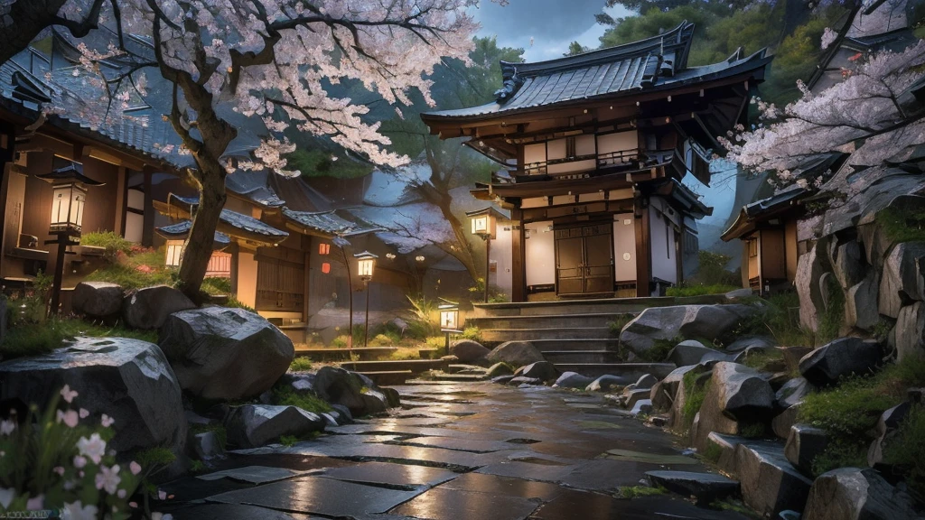 Quiet streets of Kyoto, traditional Japanese tile-roofed one-story house, winding stone path, cherry blossom trees in bloom, (Best Quality,8k,High Resolution,Masterpiece:1.2),Super Detail, (Realistic,Photorealistic,Photorealistic:1.37),Detailed landscape, natural light, vivid colors, calm atmosphere, complex details) colors, calm atmosphere, intricate details)