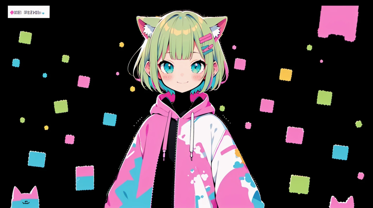  Pink hoodie、high quality、Colorful color palette、high resolution、pretty girl、 Pink hoodie、An unprecedented number of draws、Anime Style、Geometric background、Sticker Style、short hair、Blonde、Turquoise Eyes, Messy Hair, Pink hoodie、Cat ears of the same color as the hair、front, Hands posing, Until death, Bondage, Baggy clothes