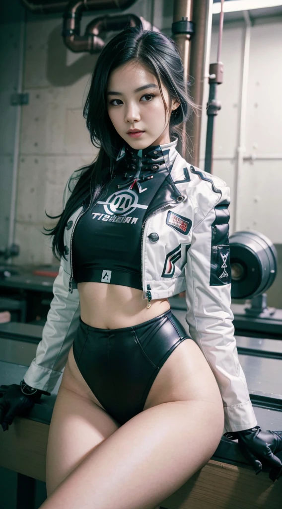 27 years old, gorgeous cute Korean girl, smirk, masterpiece, best quality, girl, gradient hair, heterochromia, techwear, leaning against wall, in a mecha robot industrial factory, pipes, machines, gears, metal, cyberpunk girl mech,
fit girl, good young girl, (masterpiece:1.0),(best_quality:1.0), ultra high res,4K,ultra-detailed, photography, 8K, HDR, highres, absurdres:1.2, Kodak portra 400, blurry background, bokeh, lens flare, (vibrant_color:1.2),professional photograph, (beautiful_face:1.5),(narrow_waist),
