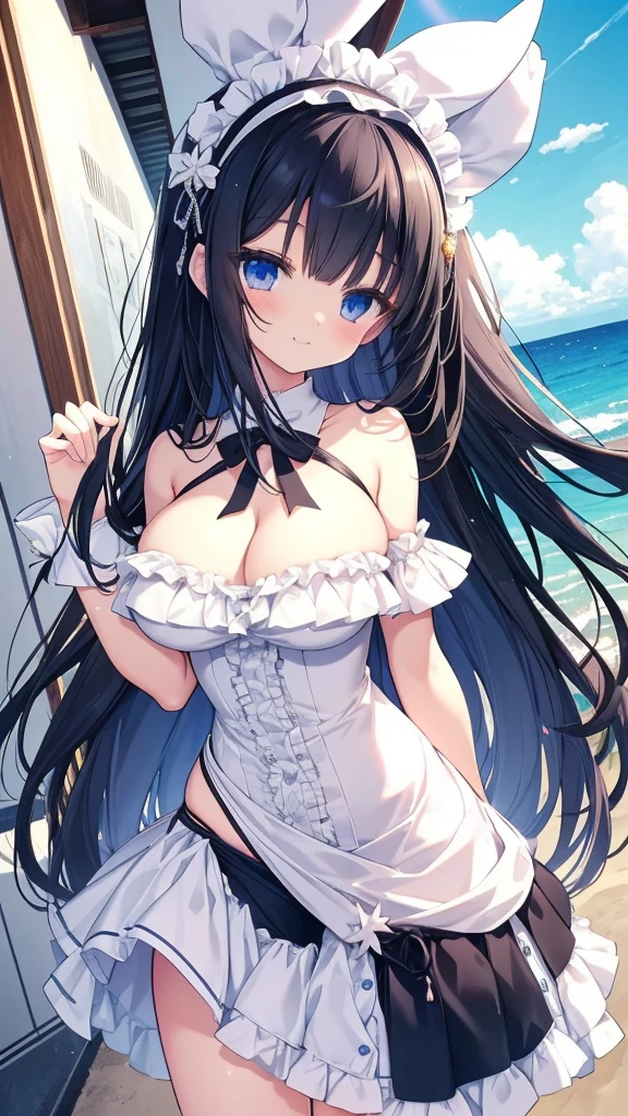 best quality, extremely detailed,anime style girl,long hair down to the waist, straight hair, dark black hair with bluish,beautiful detailed eyes, pinched eyes, dark blue eyes,huge breasts,cutie white base colorful frill
 Bikini,hair ornament,rabbit like hairband,beach side Luxurious room,smile,active pose 