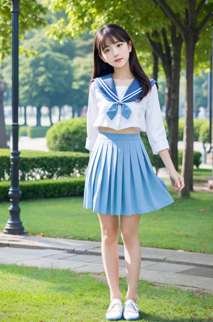 top-quality、​masterpiece、hight resolution、4K、real 18 year old woman、Light blue sailor suit、Pleated mini-skirt　a park、Puku Face、Semi-long hair、1girl in、