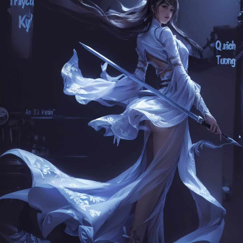 Ponytail, beautiful female warrior, approximately 20 years of age, with a perfect body and dressed only organza transparent coat, The character has dark blue hair with red highlights, tied in a horse tail, and holds a short sword in her hand. I would like the drawing to be done in any graphic convention that fits the character’s nature, wet skin, shiny skin, transparent organza flowing coat, photorealistic: 2.0. Shiny skin,