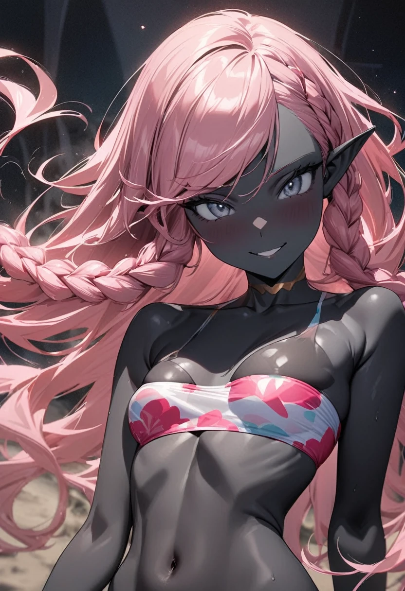 (pov Swimwear style) (beautiful body), (black skin, solo:2, 1000 yo, Braid pink hair long hair cool elf woman, cool gray eyes, ecstasy smile, love mode, small tits), (in a sexy:1.5 detailed bandeau swimsuit, Ruby double exposure:1.1), break, in the Swimsuit contest venue, background detailed beautiful Coast, BREAK, perfect anatomy, masterpiece, best quality, 16k, beautiful detailed love, sexy, daydreaming expression.