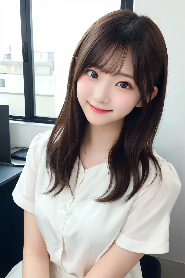 1 girl、japanese、Highest quality, (beautiful)、Very delicate eyes、Brown eyes、22-year-old female、summer、office、Date、smile、cheeks are slightly plump、(((whole body)))、As if looking up from below、Various poses、Various hairstyles、Highly detailed face、Perfect lighting、 (Perfect hands、Perfect Anatomy)、