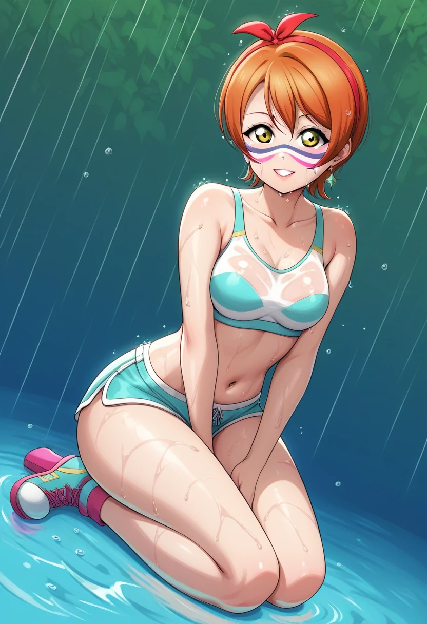 Masterpiece, sksrin, beautiful , facial details, 8k wallpaper, Rin Hoshizora Love Live, short hair, white gym bra, micro shorts , wrestling outfit,(lipstick:0.8), (face paint:1.2),wet,water drops, rain, kneeling ,on ground, v arms
