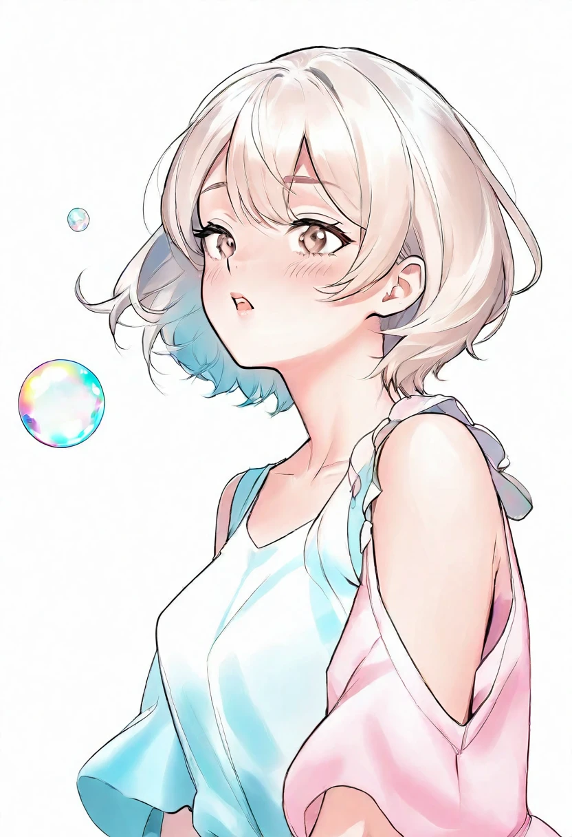 Portrait of a woman in clothes on a light background. digitalpainting, higly detailed, Bright, but harmonious colors. Different postures and joy on the face. digital art cartoon, full color illustration. Bubbke gum, blowing bubble