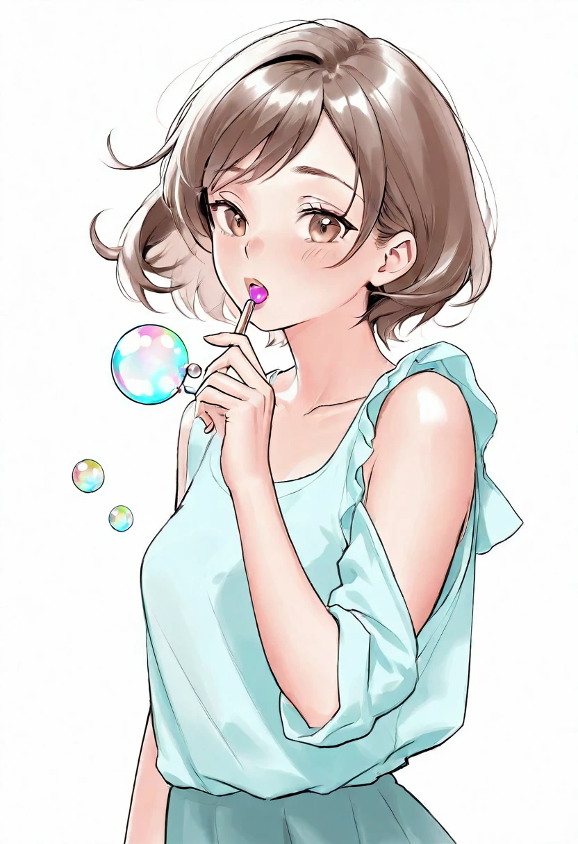 Portrait of a woman in clothes on a light background. digitalpainting, higly detailed, Bright, but harmonious colors. Different postures and joy on the face. digital art cartoon, full color illustration. Bubbke gum, blowing bubble