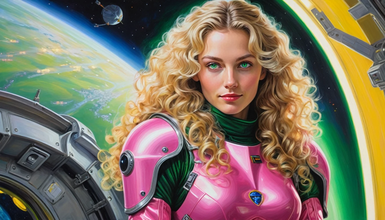 realistic acrylic art, vivid colors, lateral point of view, a beautiful european woman with long curly blonde hair, green eyes, looking at the viewer with suspicious face and a shy smile, she wears spacial pink tight armor, gloves, adjusting a sophisticated belt, dramatic yellow lights, background space station
