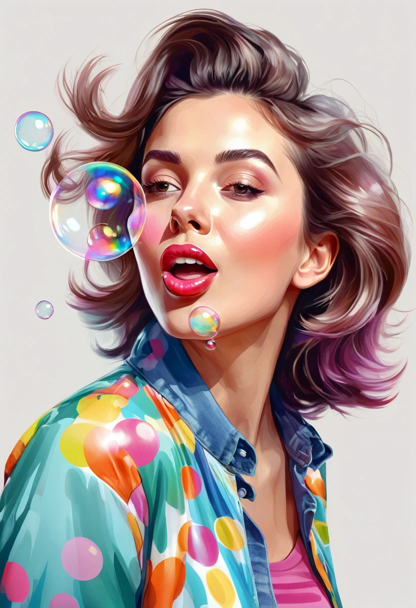 Portrait of a woman in clothes on a light background. digitalpainting, higly detailed, Bright, but harmonious colors. Different postures and joy on the face. digital art cartoon, full color illustration. Bubbke gum, blowing bubble