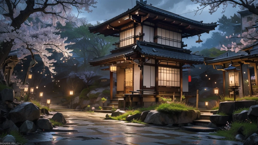 Quiet streets of Kyoto, traditional Japanese tile-roofed one-story house, winding stone path, cherry blossom trees in bloom, (Best Quality,8k,High Resolution,Masterpiece:1.2),Super Detail, (Realistic,Photorealistic,Photorealistic:1.37),Detailed landscape, natural light, vivid colors, calm atmosphere, complex details) colors, calm atmosphere, intricate details)