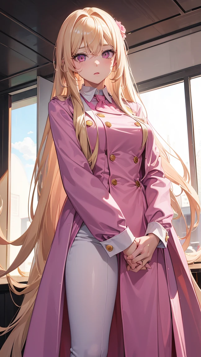 (((Adult woman))), long blonde hair, (pink eyes), pink suit