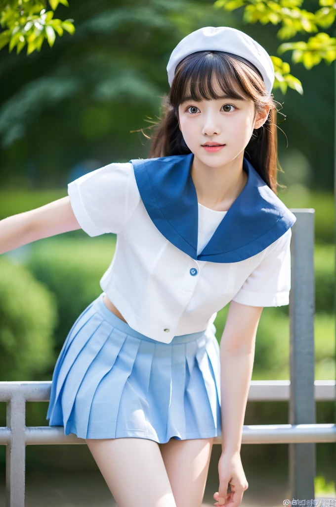 top-quality、masterpiece、hight resolution、4K、real 18 year old woman、Light blue sailor suit、Pleated mini-skirt a park、Puku Face、Semi-long hair、1girl in、