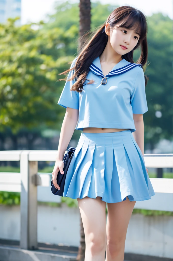 top-quality、​masterpiece、hight resolution、4K、real 18 year old woman、Light blue sailor suit、Pleated mini-skirt　a park、Puku Face、Semi-long hair、1girl in、