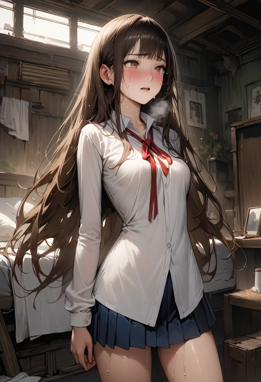 ((masterpiece,Highest quality:1.3,best quality illustration)),(realistic:1.3),cowboy shot,独奏,1woman,(18-year-old、Japanese Beauty)、brown hair,long hair,bangs,brown eyes,gorgeous eyes,(very small head:1.3),tears,Heavy breathing,(very long body:1.2,skinny),medium breasts,((Red ribbon tie、White collared shirt、Long sleeve、Navy blue pleated mini skirt bare legs、Wet crotch、sweat)),gleaming skin,toned body,slender body,lying,A messy bed、bedroom in the abandoned house、at night、World of Blade Runner、