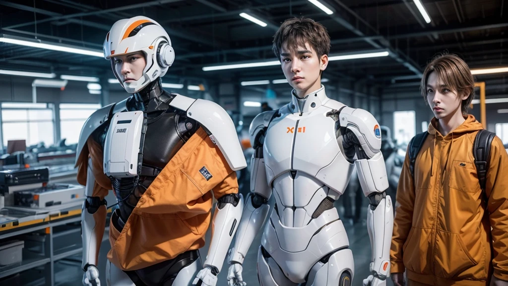 Create a realistic image of several humanoid robots in white and orange colors by manufacturing parts and other robots in a Xiaomi factory realistic masc